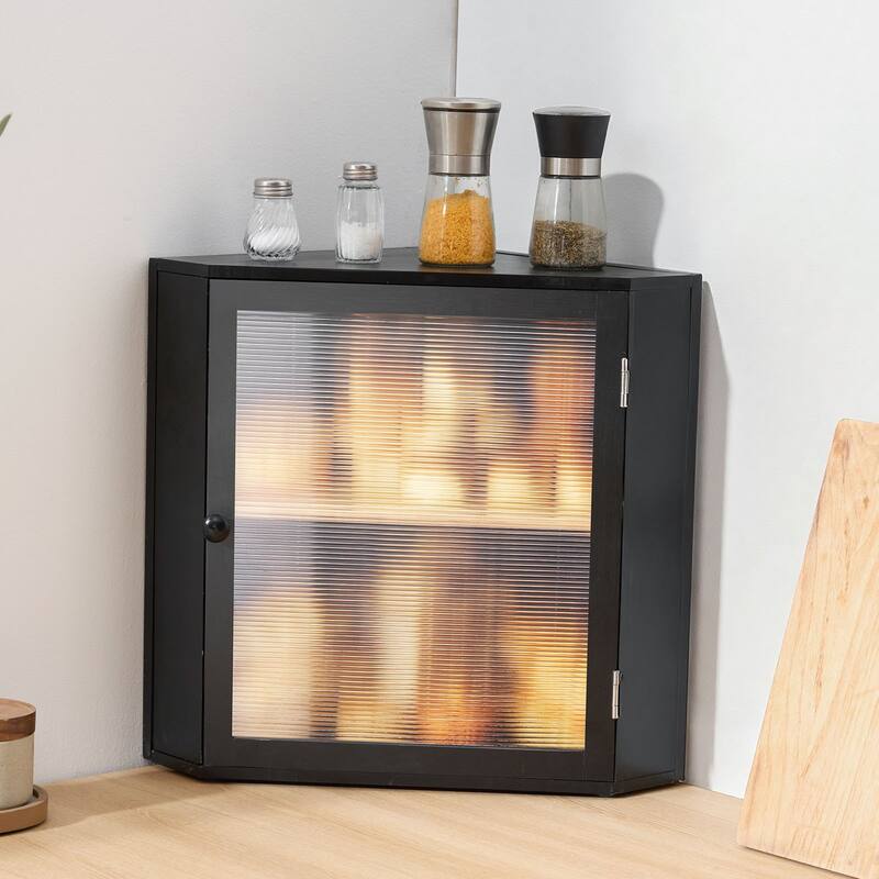 Black Wicker Wood Corner Bread Box with Double Layer Adjustable Shelves and Acrylic Door - 12.60” x 12.60” x 16.73”
