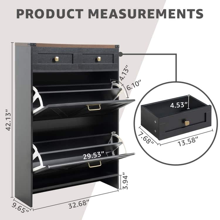Farmhouse Shoe Cabinet with 2 Flip Drawers and 2 Storage Drawers – Slim Entryway Shoe Storage Cabinet, Narrow Shoe Organizer
