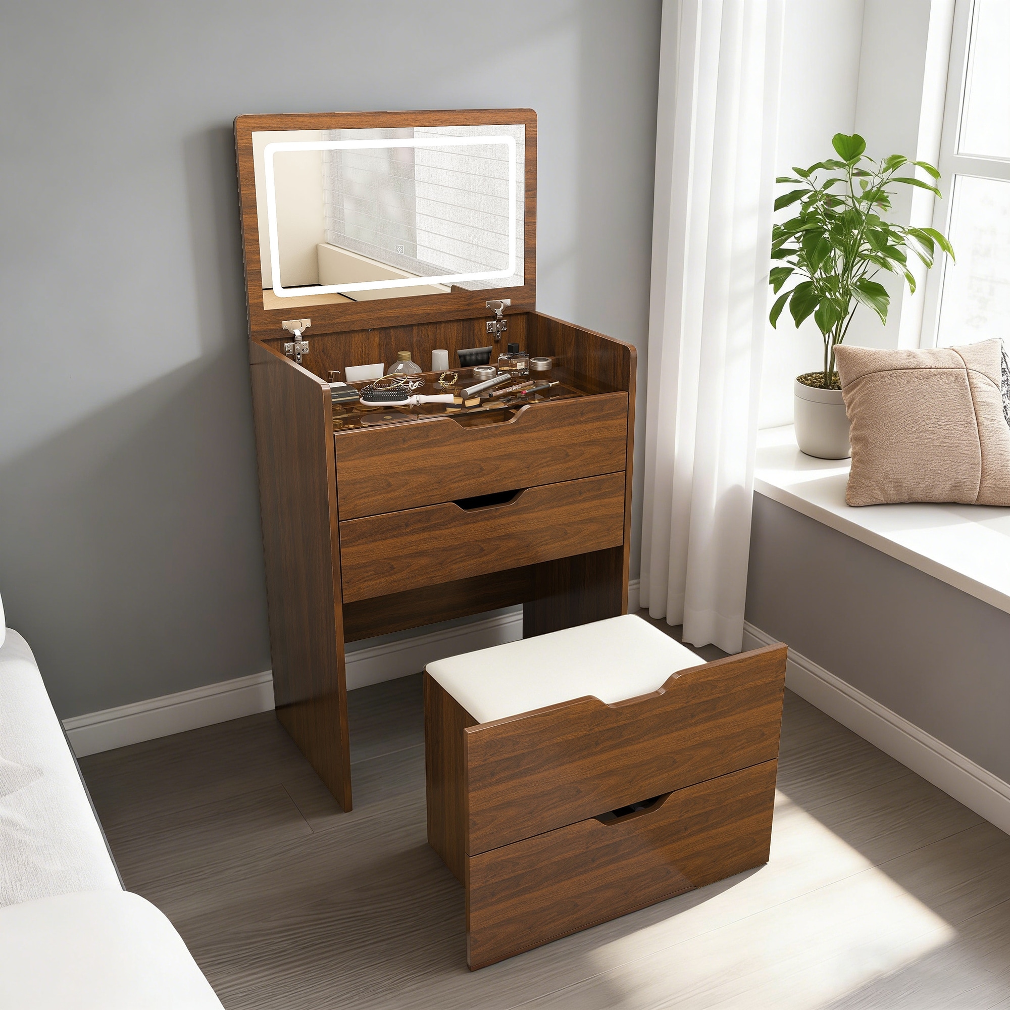 3-in-1 Vanity Desk with Flip Top Lighted Mirror & Storage Stool, Compact Makeup Dressing Table for Bedroom (23.L)