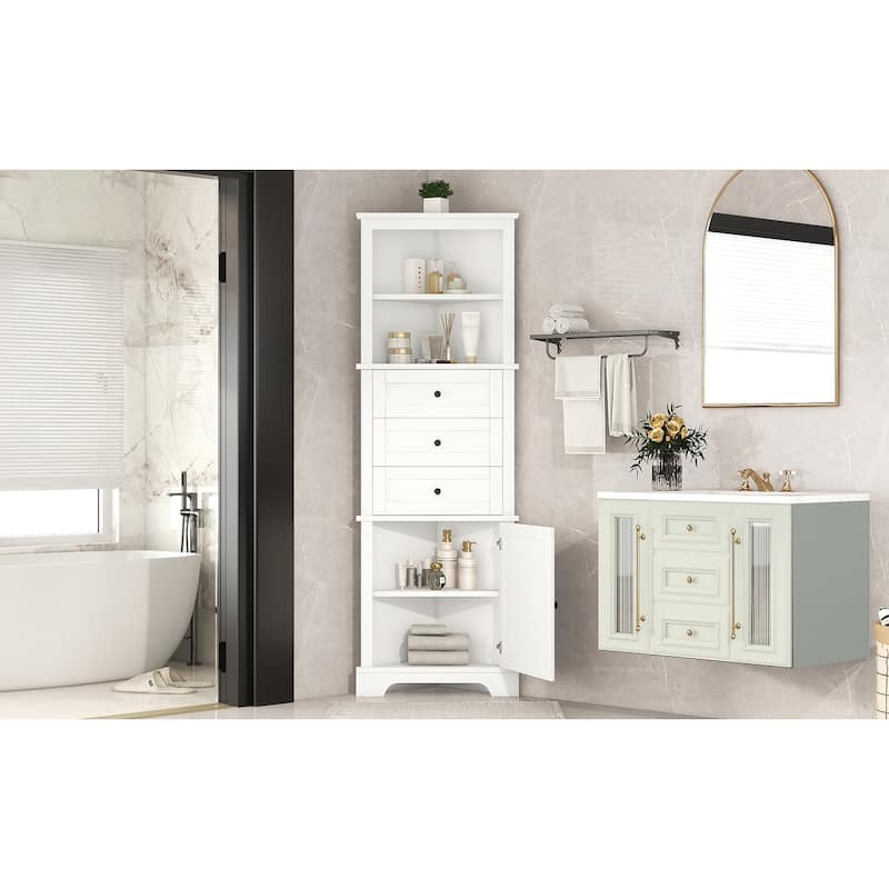 GDFStudio - Triangle Tall Corner Storage Cabinet with 3 Drawers and Adjustable Shelves for Bathroom