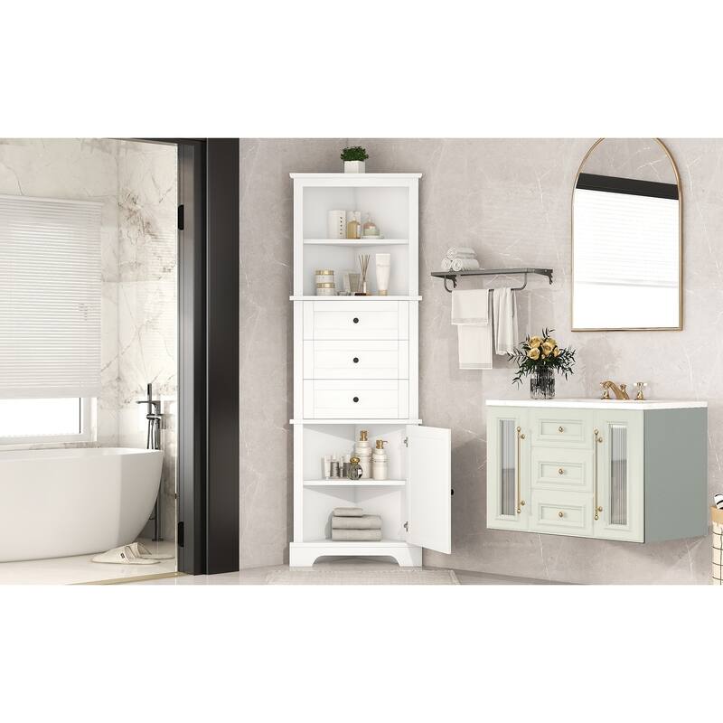 White Triangle Tall Cabinet with 3 Drawers and Adjustable Shelves for Bathroom, MDF Board with Painted Finish