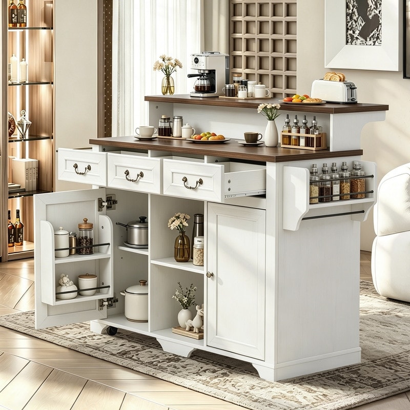 Farmhouse 53.2" Kitchen Island with Power Outlet, Rolling Island Table, Bar Cabinet with Storage 4 Door Shelves and 3 Drawers