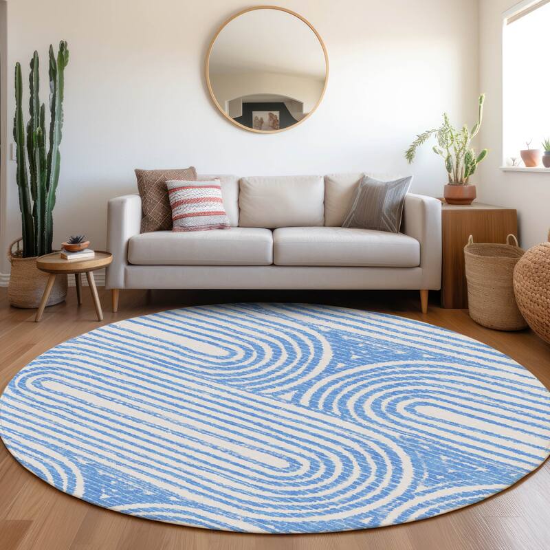 Machine Washable Indoor/ Outdoor Modern Vibes Chantille Rug - Blue - 8' x 8'
