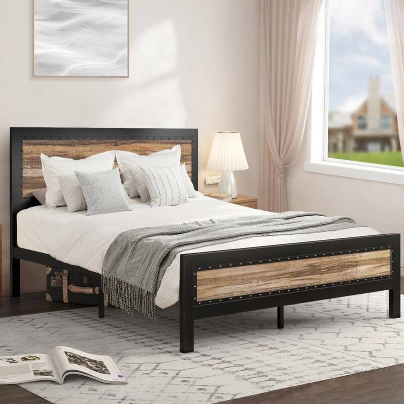 Industrial Rivet Design Wood and Metal Bed Frame with Storage Space