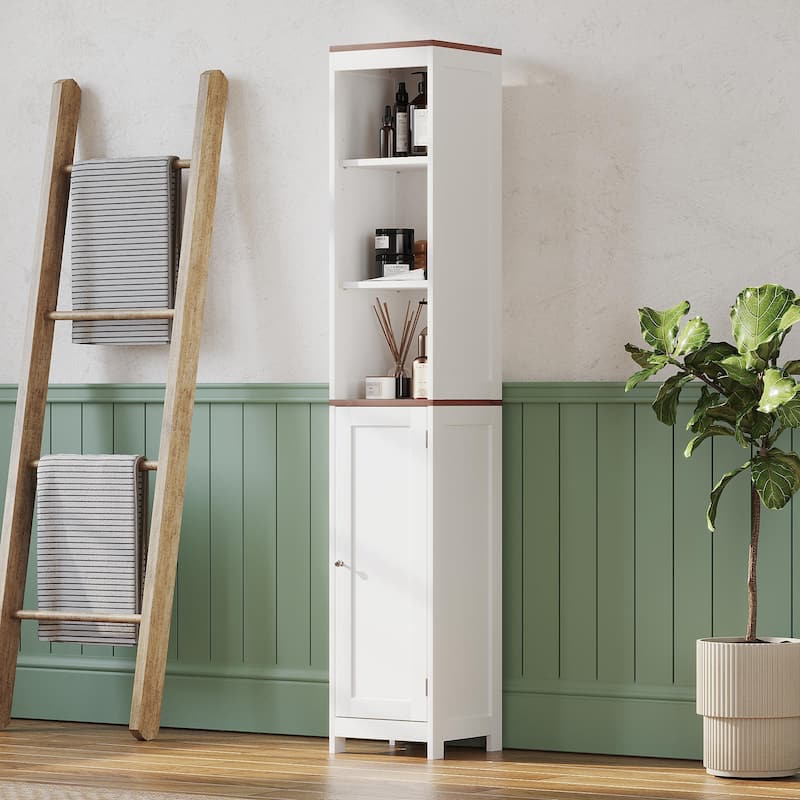 Anmytek Tall Bathroom Storage Cabinet with Reversible Door White Narrow Linen Tower Floor Organizer for Small Spaces