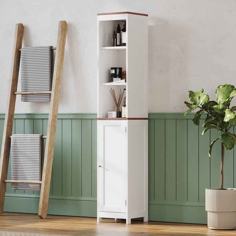Tall Bathroom Storage Cabinet with Reversible Door, Freestanding Linen Tower with Open Shelves and Enclosed Cabinet