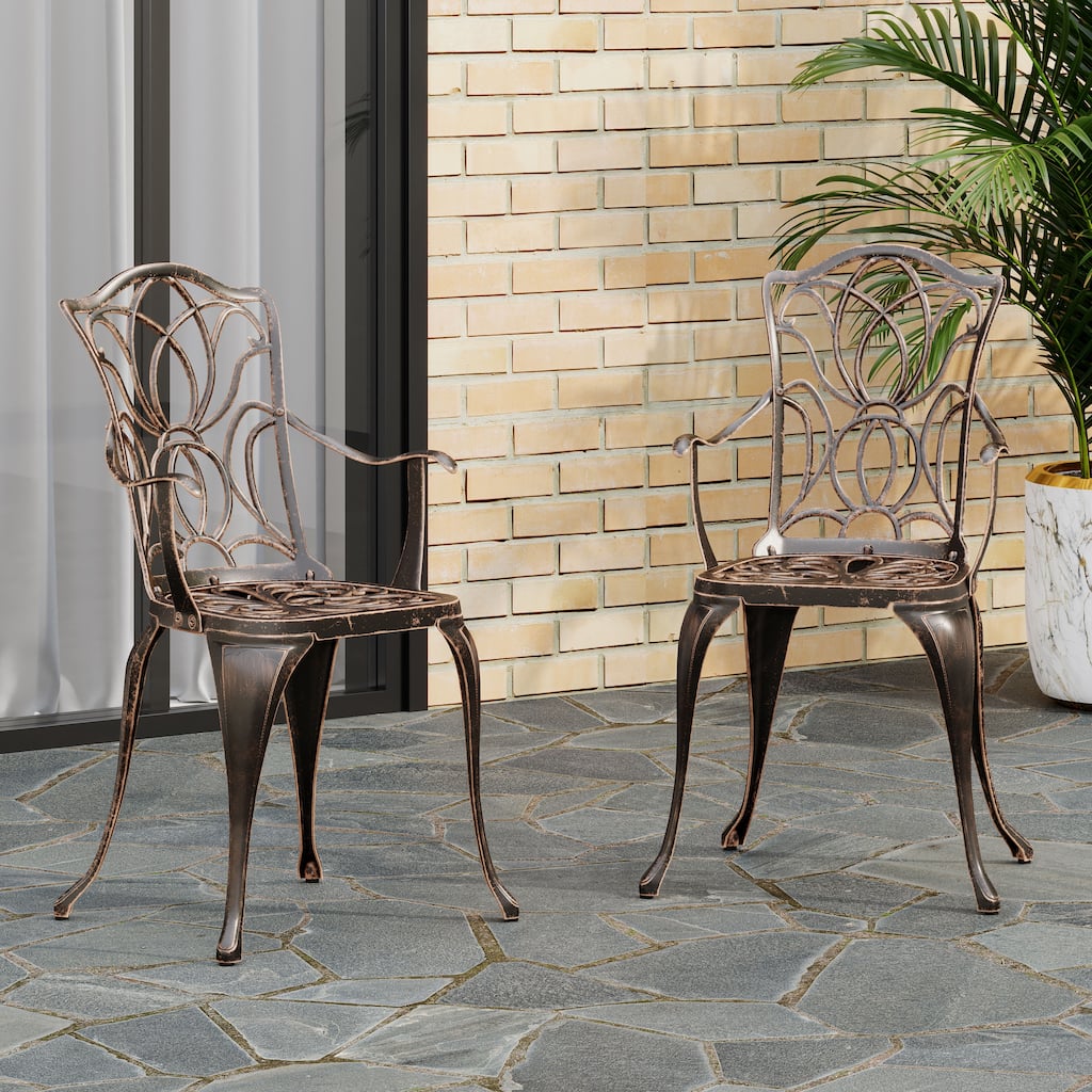 Modern Set of 2 Dining Chairs with Armrests, Floral Backrest and Cast Aluminum Frame for Dining Room Living Room Patio