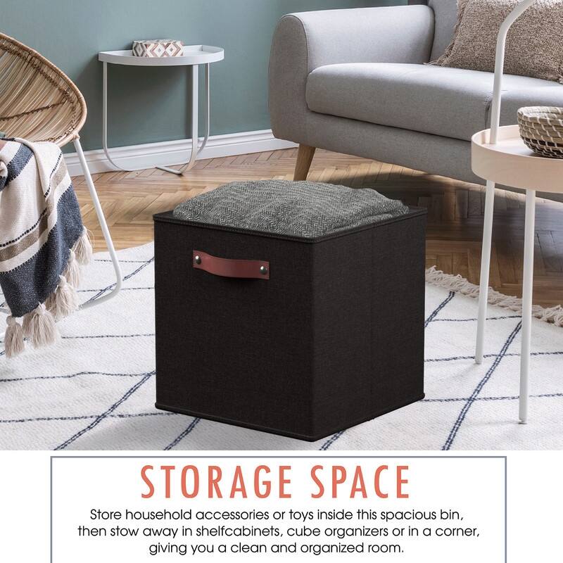 Foldable Collapsible Storage Box Bins Linen Fabric Shelf Basket Cube Organizer with Leather Handles - Set of 6