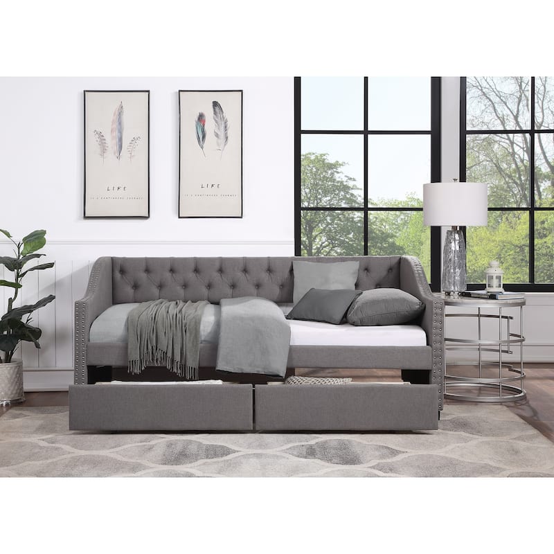 Gray Twin Size Daybed with Drawers and Slat Support