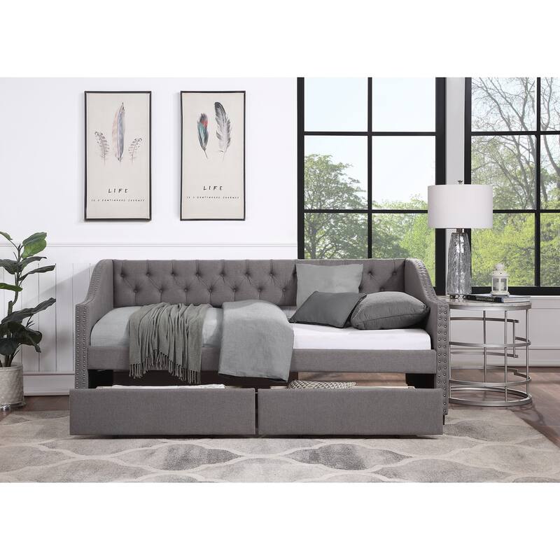 Twin Size Upholstered Daybed with Two Drawers and Wood Slat Support for Bedroom