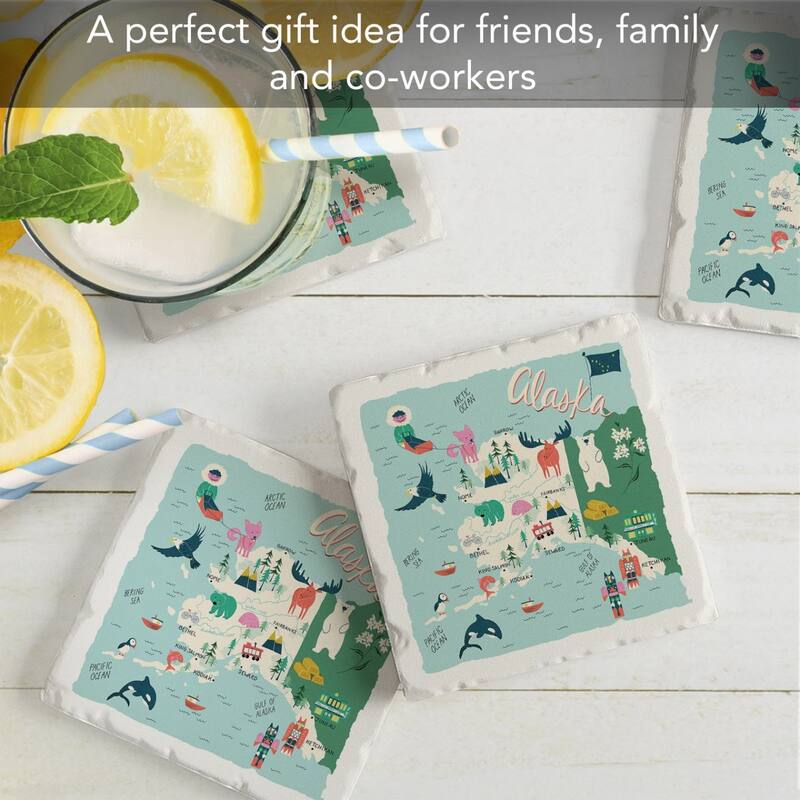 Alaska 4-Pack Absorbent Stone Coasters with Protective Cork Backing 4" Square Made in The USA Easily Wipes Clean