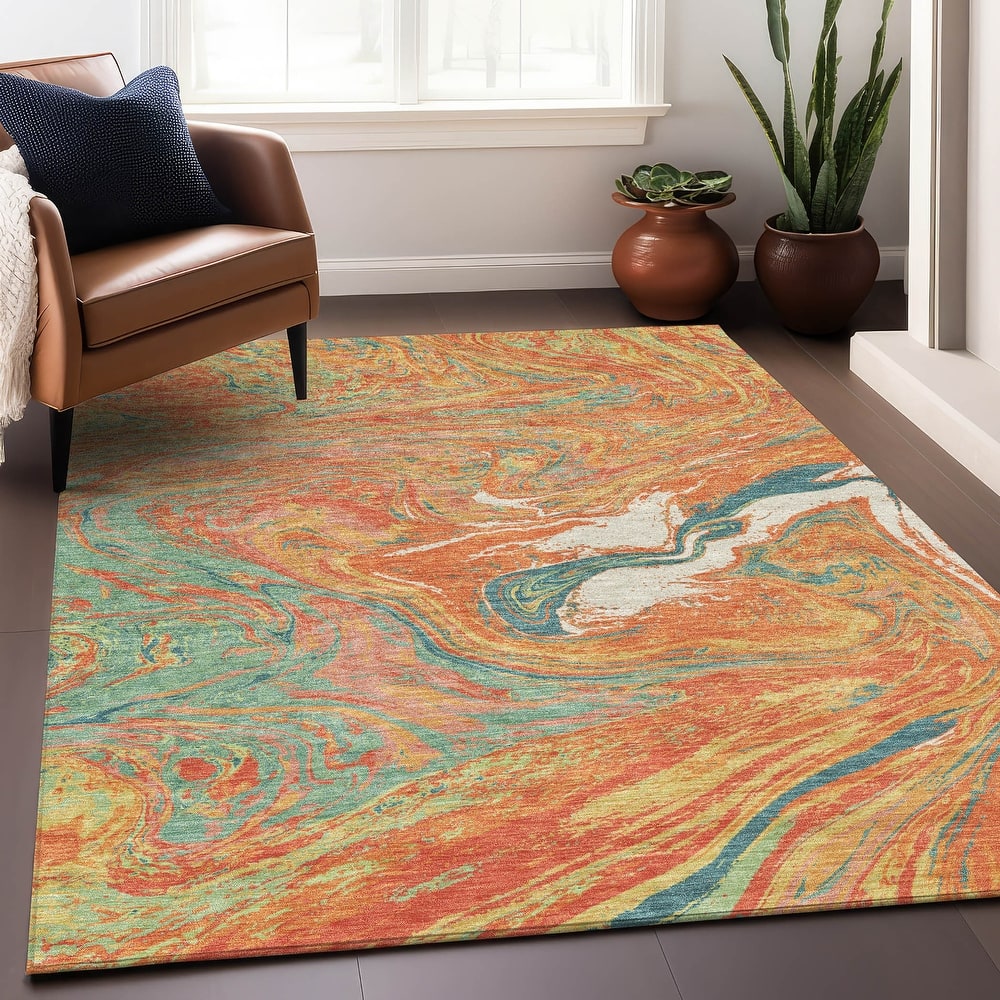 Machine Washable Indoor/ Outdoor Abstract Brushstroke Chantille Rug