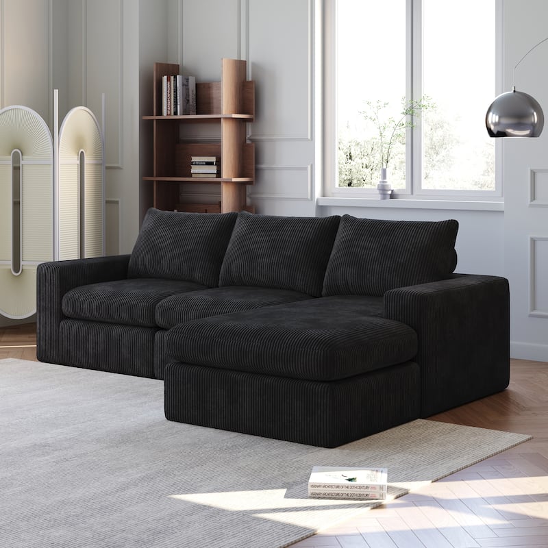 Roomfitters Modern 3-Seater Corduroy Cloud Sectional Sofa with Chaise, L-Shaped Boneless Couch with Pillows