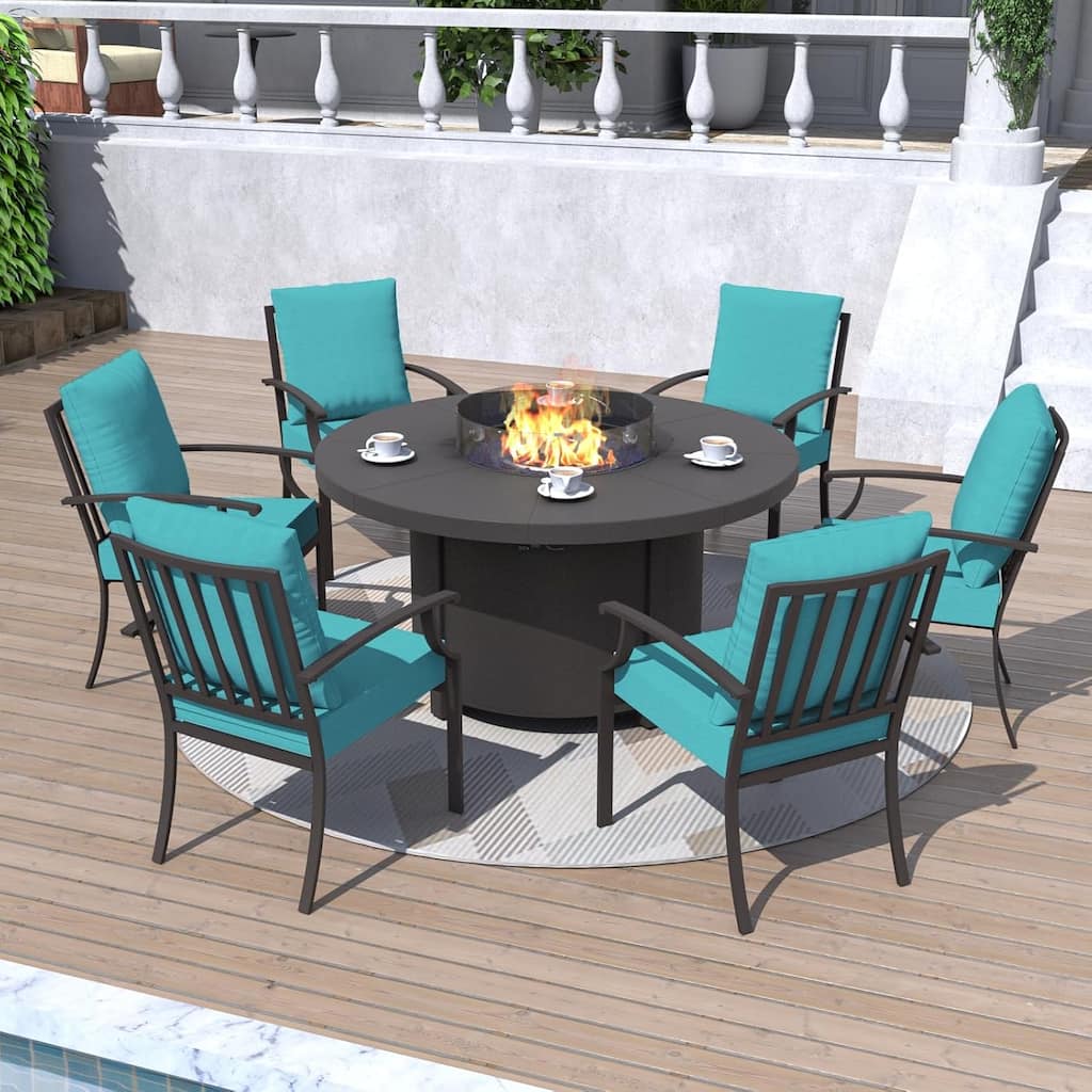 Metal 7 Piece Outdoor Dining Set with Round Fire Pit - 6Chairs + RoundFirepit