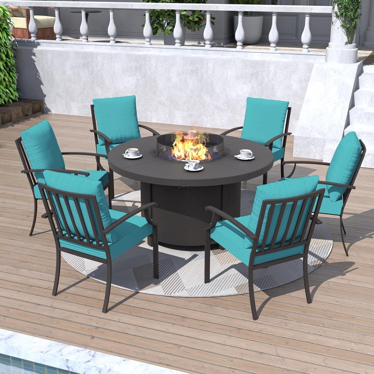 Metal 7 Piece Outdoor Dining Set with Round Fire Pit - 6Chairs + RoundFirepit