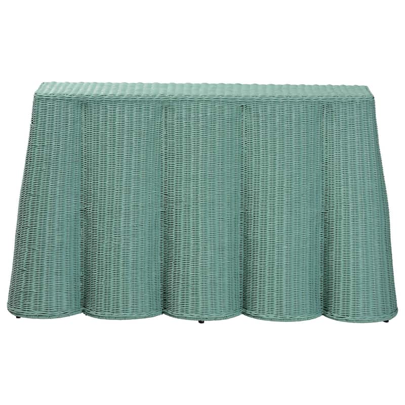 Palm Scallop Natural Rattan Console Table – Handwoven Wicker Accent Table for Hallway or Entryway, Coastal Décor, Rectangle