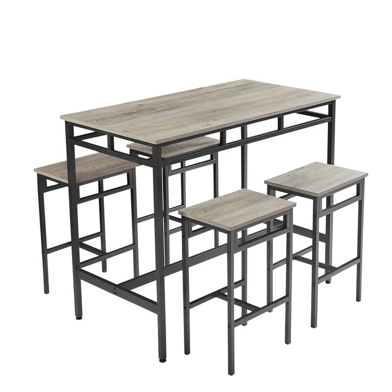 Rustic Style 5-Piece Dining Set with Rectangular Table and 4 High Stools Dining Chairs