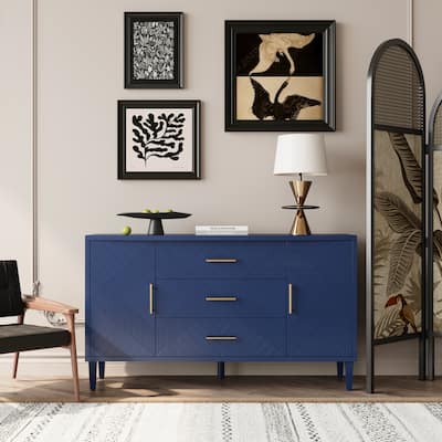 Buffet Cabinet Navy Blue Sideboard with 3-Drawer & 2 Storage Cabinet, Entrance Cabinet Cupboard Console Table w/ Curved Desktop