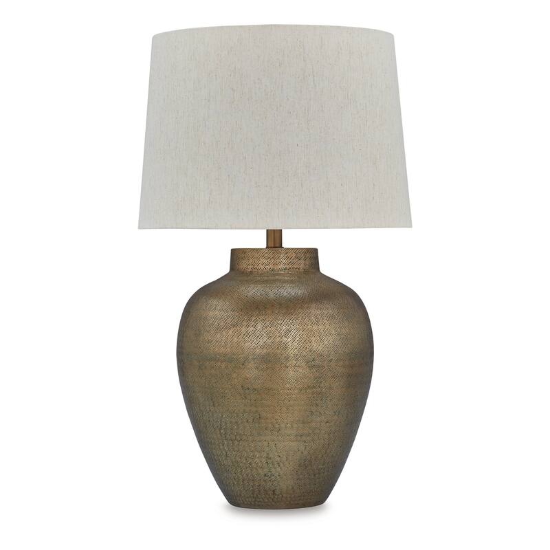Table Lamp, Metal Hammered Pot Base, White Fabric Drum Shade 29 Inch