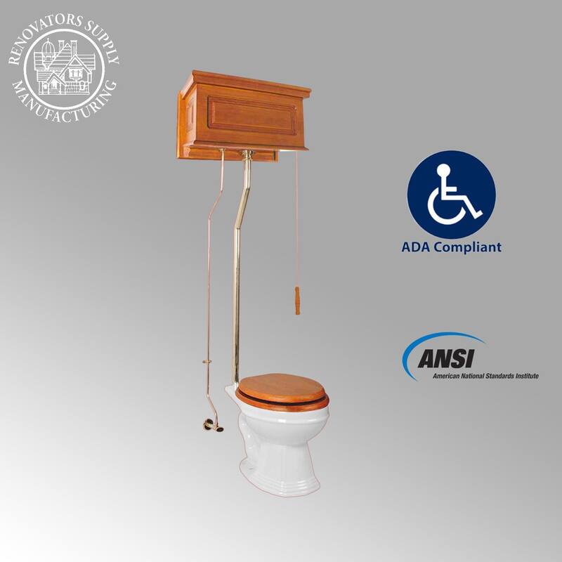 High Tank Toilet - Light Mahogany Raised Tank, Elongated White Bowl and Brass PVD L Pipe Renovators Supply