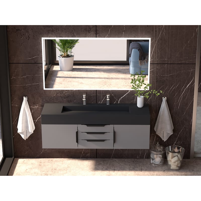 Nile 60" Wall Mounted Bathroom Vanity Set w/ Black Top