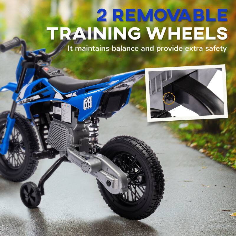 12V Kids Electric Dirt Bike with Training Wheels, Twist Grip Throttle, Rear Suspension, Music, 1.5-3.1 mph