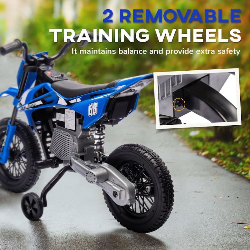 Blue Kids Dirt Bike 12V Electric Motorcycle with Training Wheels, Toddler Ride-On Motorcycle with Music