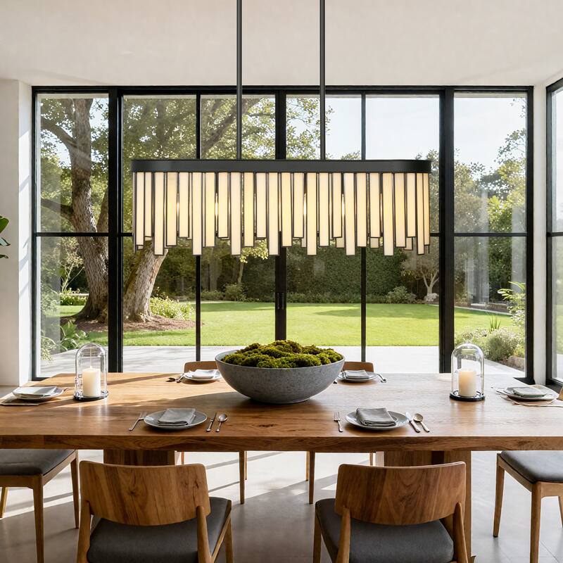 Tifany Modern 6-Light Glass Chandelier Black Pendant for Kitchen Island - 28.1''L x 9.2''W x 8.9''H