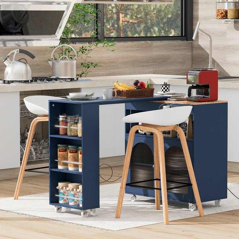 Kitchen Island With Extended Table and LED Lights