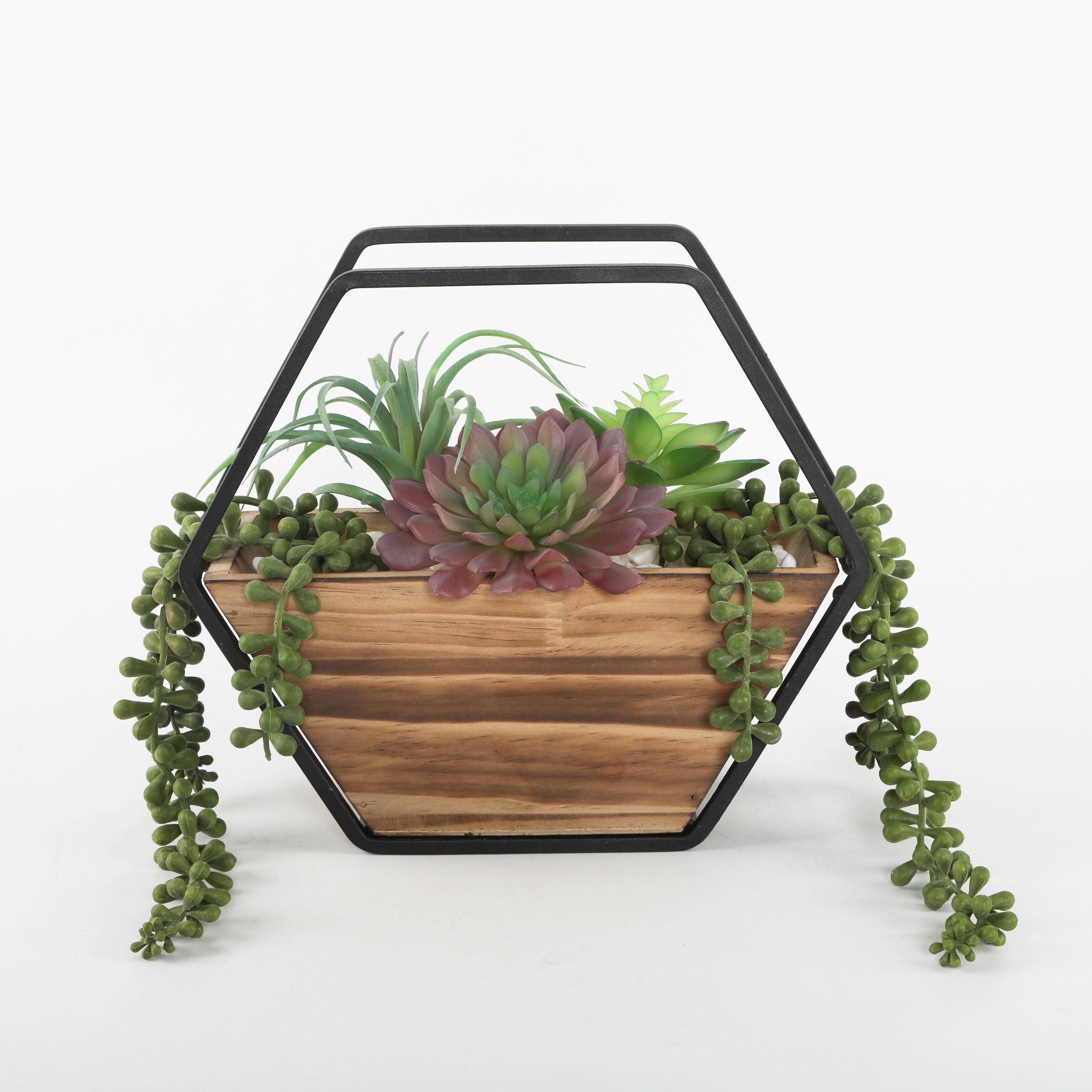 Artificial Plant Succulent in 11" Hexagon Wood and Metal Wall Planter - ONE-SIZE
