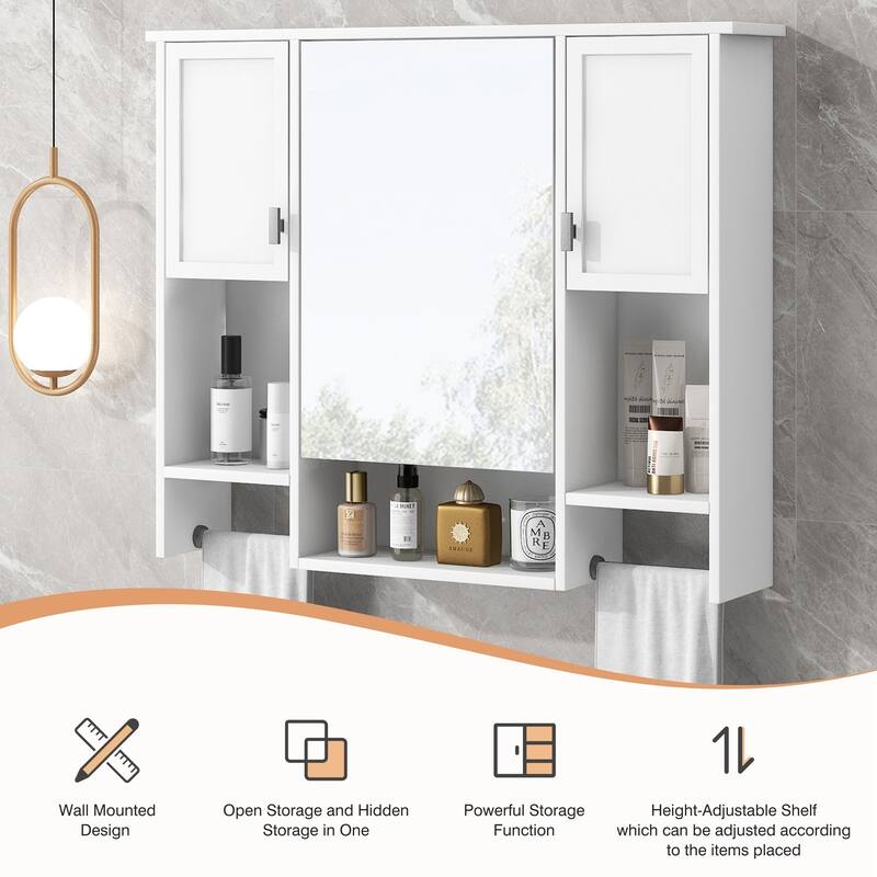 35'' x 28'' Modern Wall Mounted Bathroom Storage Cabinet with Mirror, 3 Doors, Adjustable Shelves, Towel Bar, Black