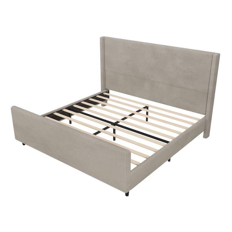 50.7" High Headboard Corduroy Bed Frame with Vertical Stripe Wingback & High Footboard
