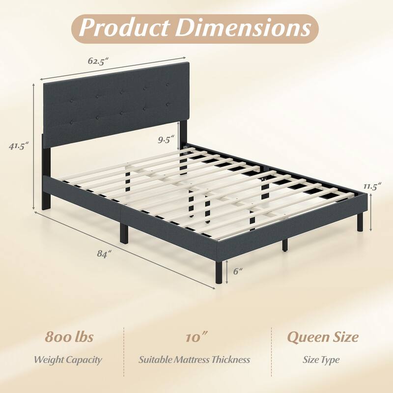 Dark Gray Upholstered Queen Platform Bed Frame with Button Tufted Headboard Wooden Slats and Storage Space