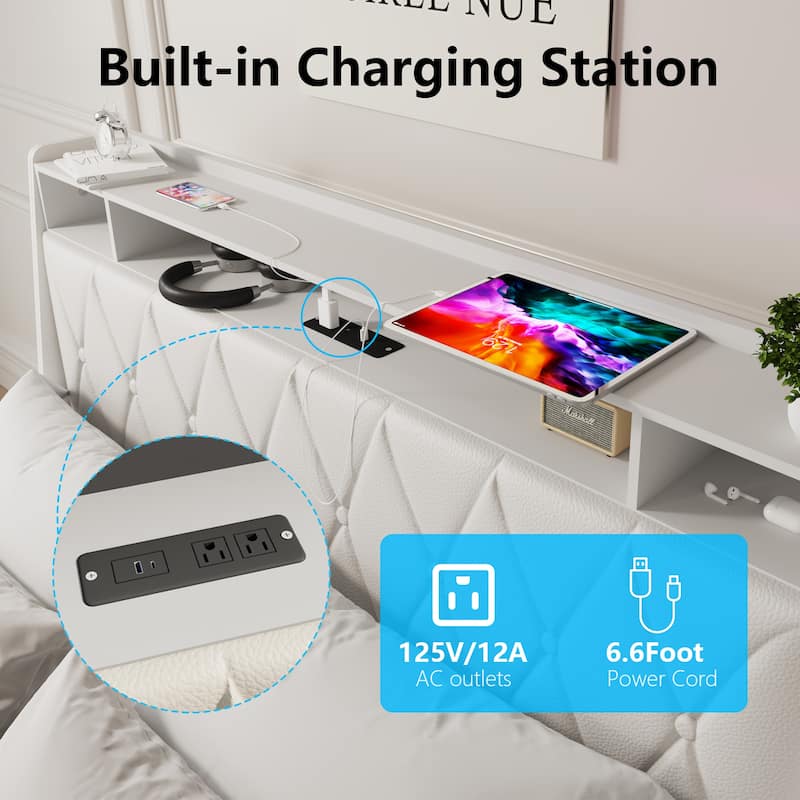 Ergonomic Upholstered Platform Bed with Drawers and Charging Station