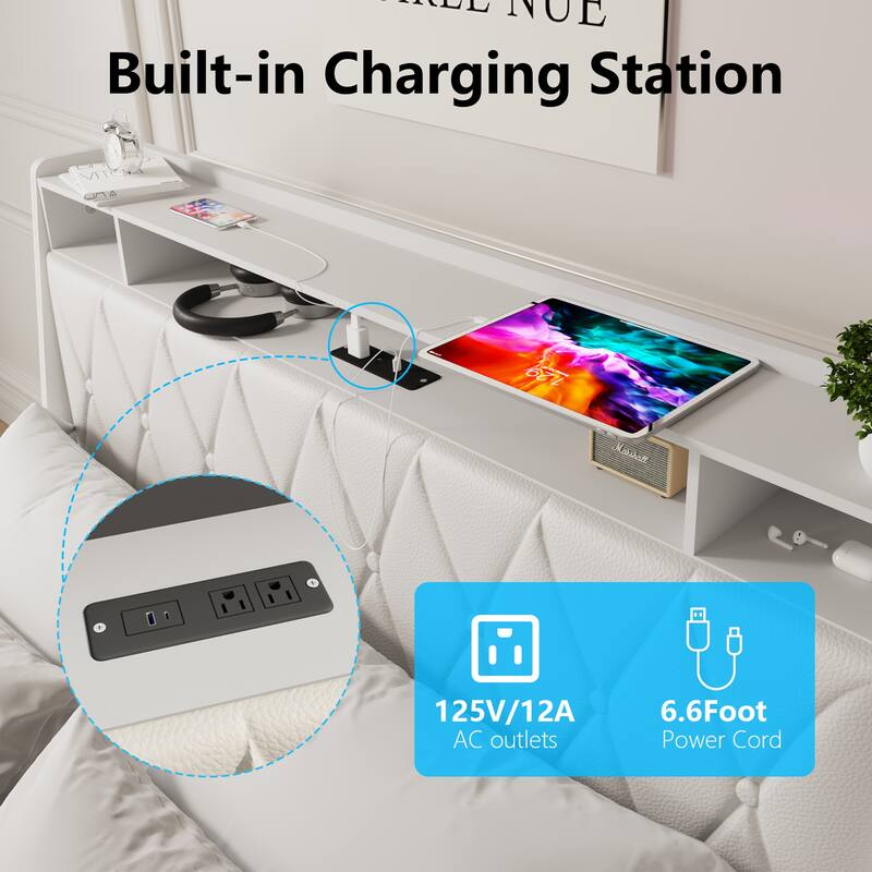 Queen Platform Bed Frame with Ergonomic Headboard, USB Outlets, Charger & Storage Shelf