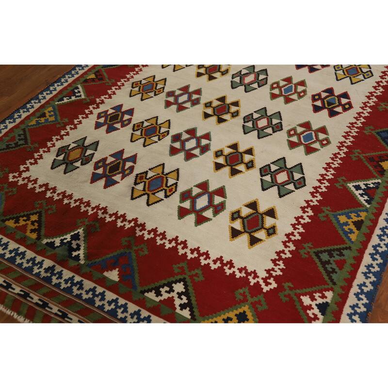 Hand Woven Oriental 100% Wool Carpet Southwestern Geometric Beige & Ivories Kilim Area Rug - 7' 11'' X 5' 0''