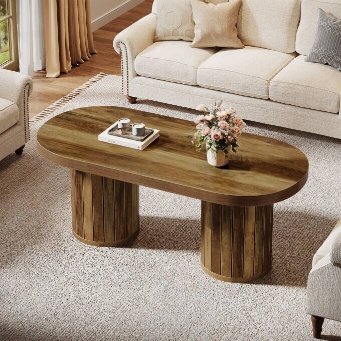 Oval Wooden Coffee Table with Cylindrical Legs