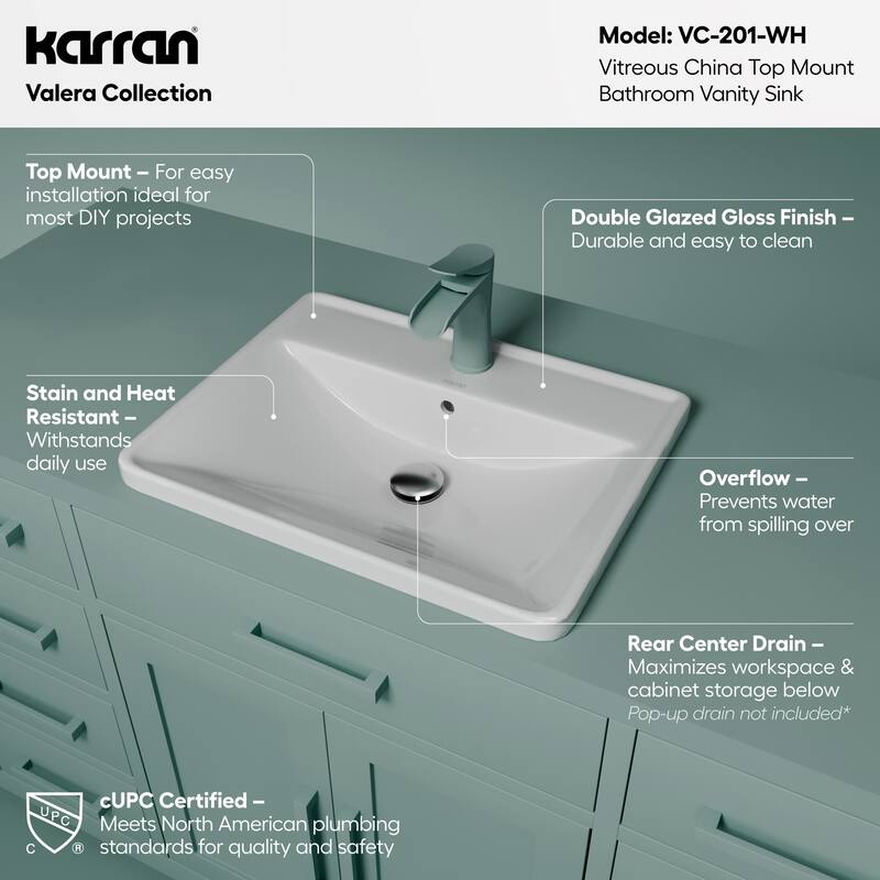 Karran Valera 21" Top Mount Vitreous China Bathroom Sink in White with Overflow Drain