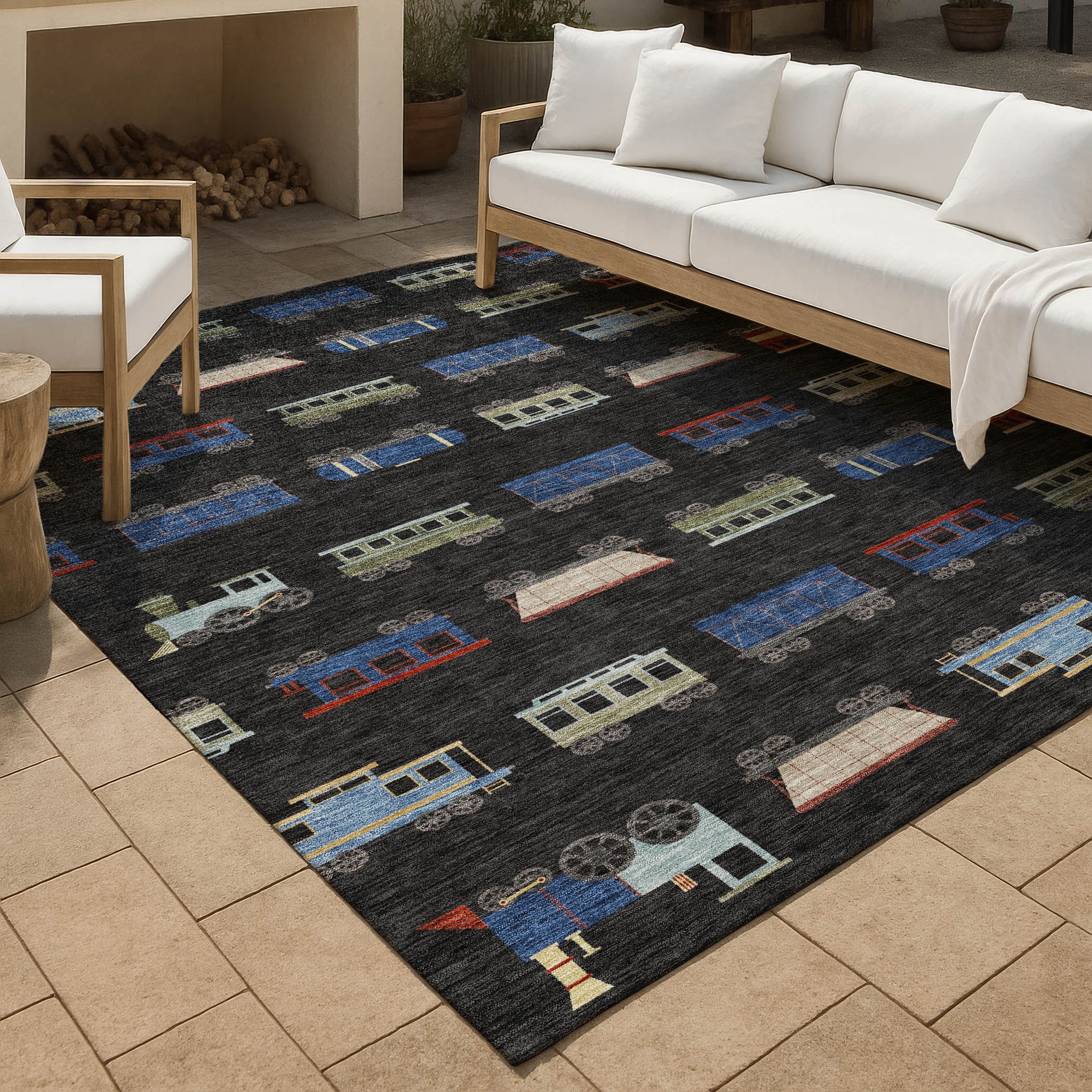 Machine Washable Indoor/ Outdoor Modern Train Chantille Rug