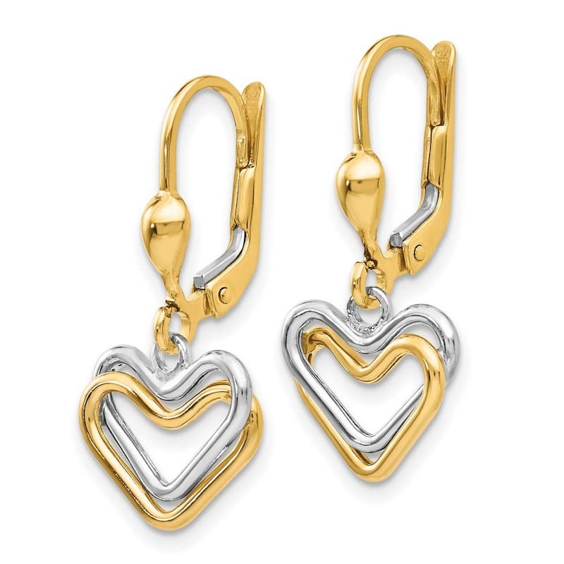 Curata 14k Two Tone Gold Polished Double Open Heart Leverback Dangle Earrings 29x12mm