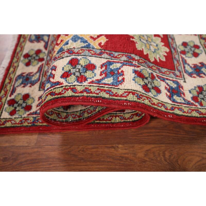 Red Geometric Kazak Pakistan Accent Rug Handmade Wool Carpet - 2'9" x 3'9"