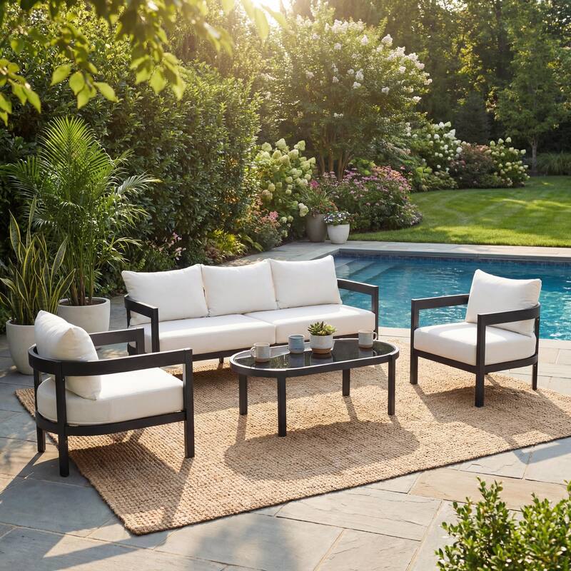 Christopher Knight Home - Modern 4-Piece Outdoor Aluminum Patio Conversation Set with Oval Glass Coffee Table & Cushions - Black Frame+White Cushion