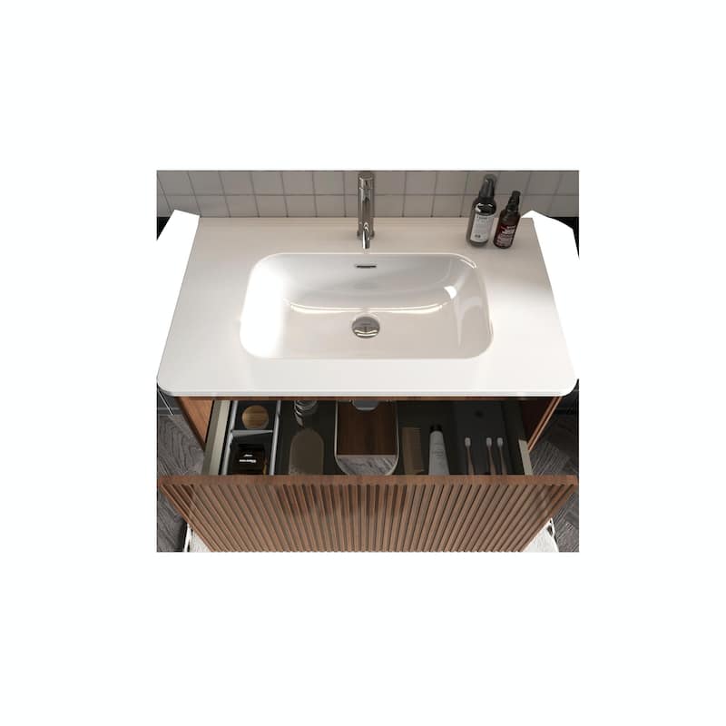 30" Striped Bathroom Vanity with White Ceramic Sink, Wall Mounted Floating Vanity