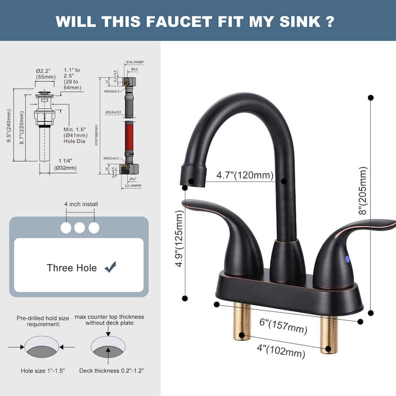 WOWOW 4 in. Centerset Double Handle High Arc Bathroom Faucet