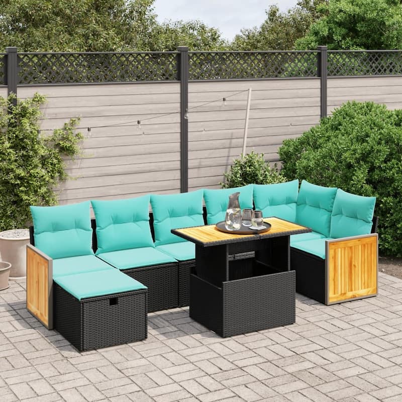 vidaXL 8 Piece Patio Sofa Set with Cushions Black Poly Rattan - 21.7 x 24.4 x 27.2