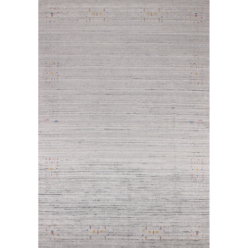 Silver Gray Striped Gabbeh Oriental Area Rug Handmade Wool Carpet - 9'0" x 12'0"