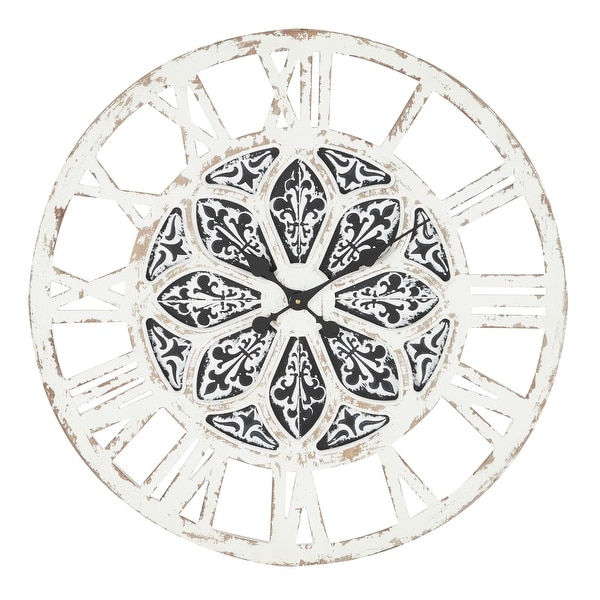 Large Round Distressed White Wood Wall Clock With Black Patterned Center Detail, 28" X 28" - 28 x 1 x 28Round. Opens flyout.