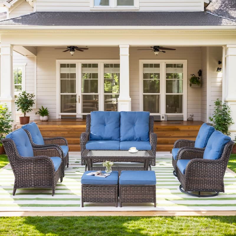 Outdoor Glider Sofa Funitre Set - Brown Rattan - Blue Cushion - 8PCS Sofa Table Ottoman with Chairs