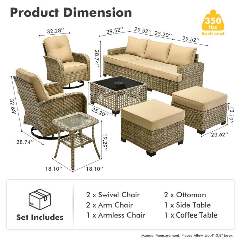 OVIOS 9 Pieces Wide Arm T shaped Seat Curved Swivel Chair Set With Solar-Powered Table