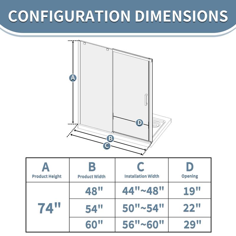 48" x 74" Glass Shower Door Framed Sliding Adjustable Brushed Nickel Clear Shower Enclosure with Hardware Kit